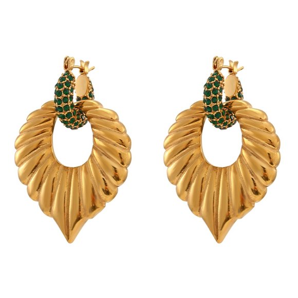 Green Zircon Micro Pave Chunky Palm Leaf Drop Statement Earrings 18K Gold Plated - Picture 4 of 7